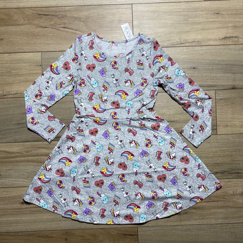 The Children's Place Girls Long Sleeve Printed  Skater Everyday Dress Large Gray - Picture 1 of 10
